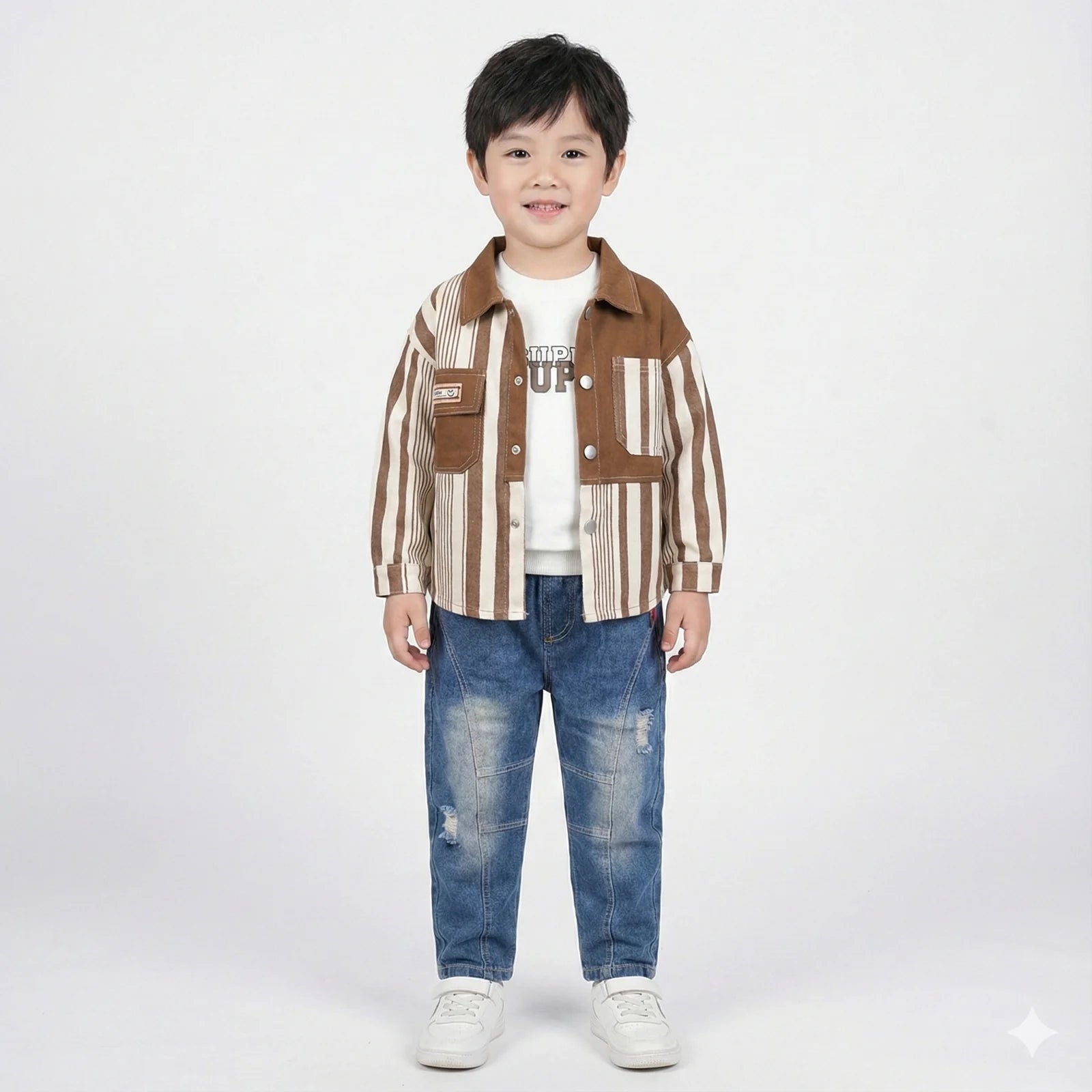Stylish Boys' 3-Piece Gentleman Set - Striped Shirt/Jacket, T-Shirt & Distressed Denim - Imported Terry