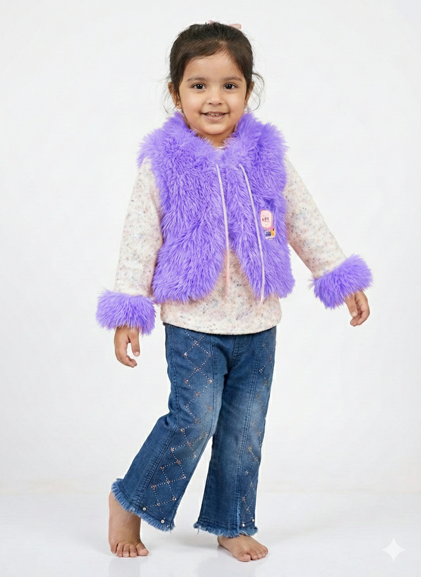 Girls' 3-Piece Winter Set – Pink Faux Fur Vest, Woolen Top & Rhinestone Embellished Denim Jeans