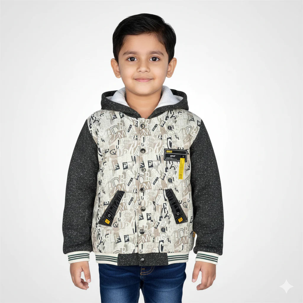 Kids' Urban Letter Themed Hooded Varsity Jacket - Speckle Sleeves