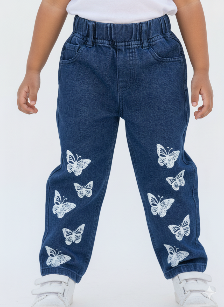 Girls' Butterfly Print Black Denim Joggers - Comfortable Elastic Waist Pants