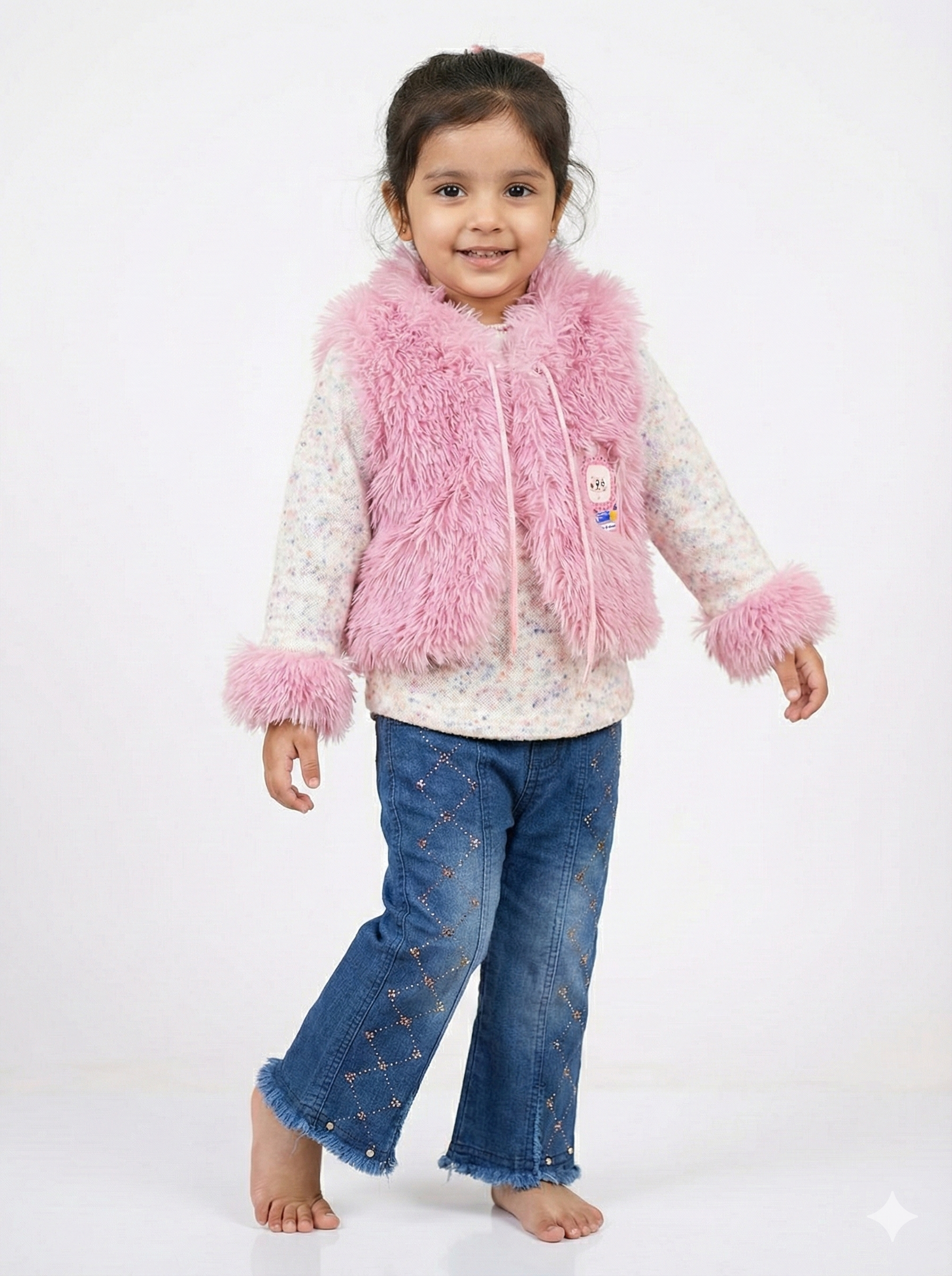 Girls' 3-Piece Winter Set – Pink Faux Fur Vest, Woolen Top & Rhinestone Embellished Denim Jeans