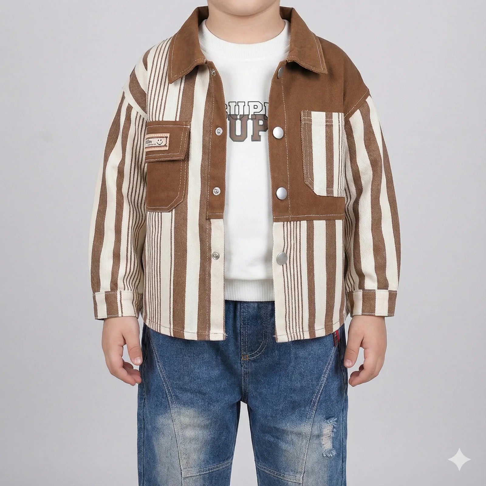 Stylish Boys' 3-Piece Gentleman Set - Striped Shirt/Jacket, T-Shirt & Distressed Denim - Imported Terry