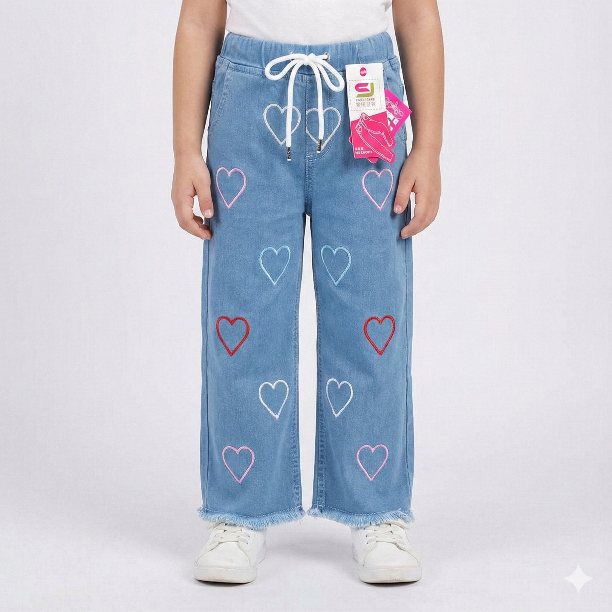 Girls Heart Embroidered Wide Leg Denim Jeans