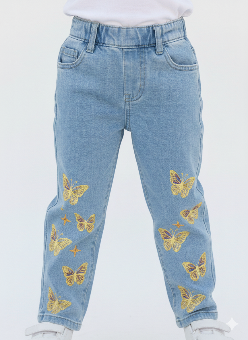 Little Girls' Golden Butterfly Blue Denim Pants with Comfort Waistband