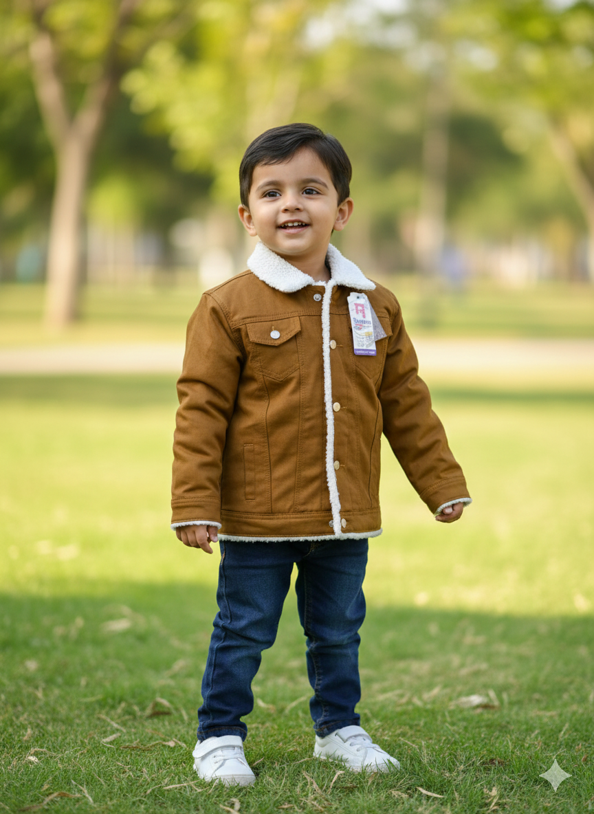Kids' Sherpa-Lined Brown Suede/Suedette Trucker Jacket