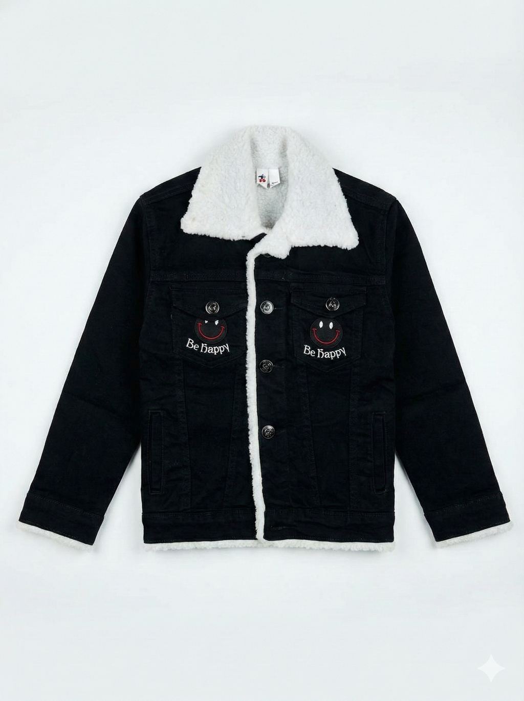 Premium Sherpa-Lined Denim Jacket with 'Be Happy' Embroidery