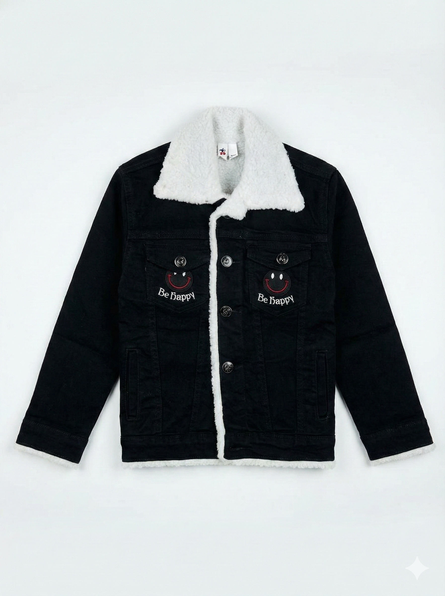 Premium Sherpa-Lined Denim Jacket with 'Be Happy' Embroidery