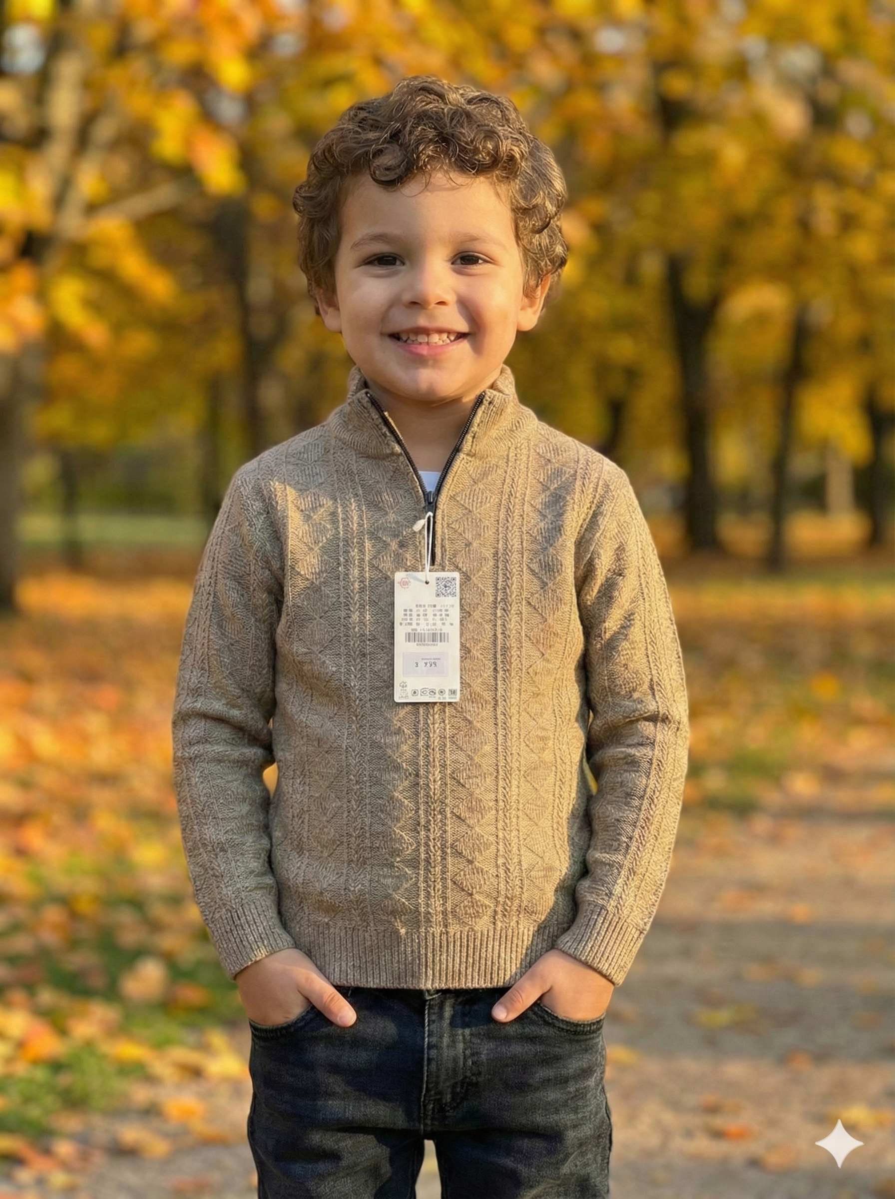 Premium Beige Textured Quarter-Zip Sweater for Boys