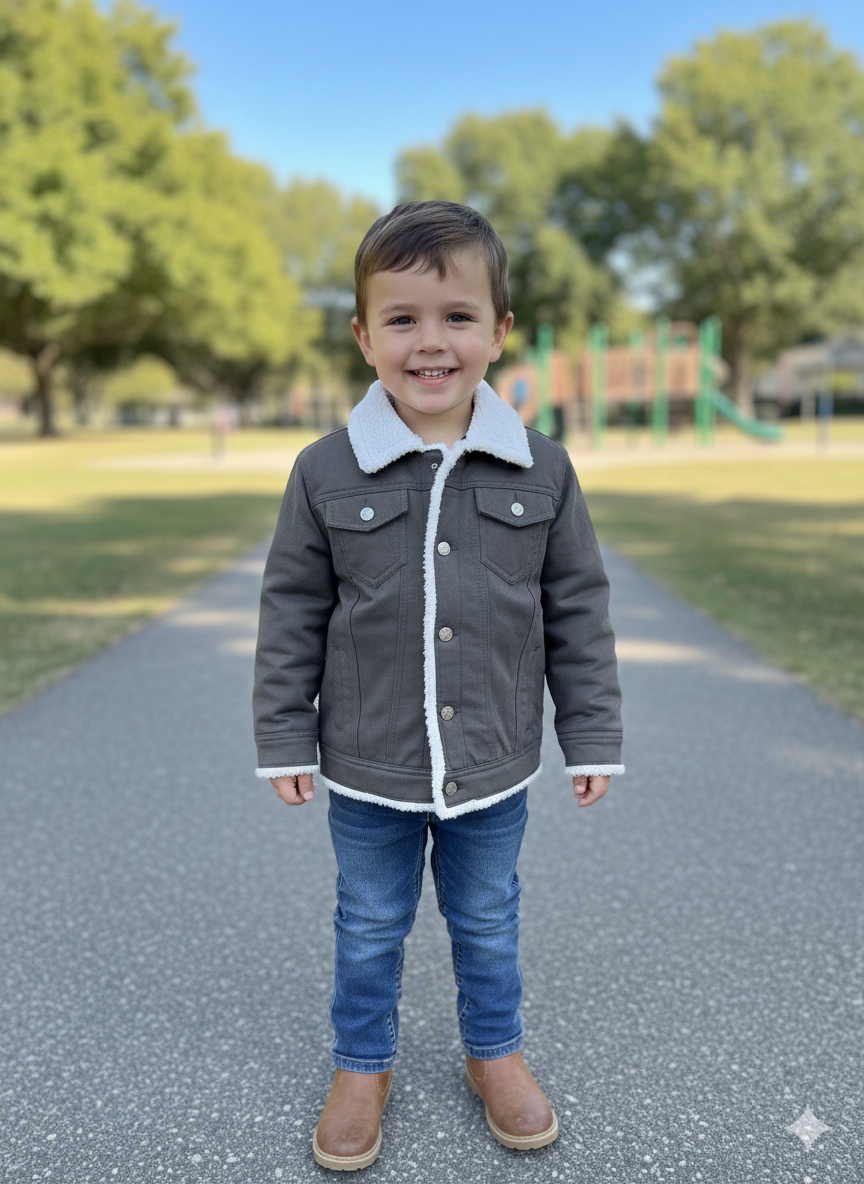 Kids' Sherpa-Lined Brown Suede/Suedette Trucker Jacket