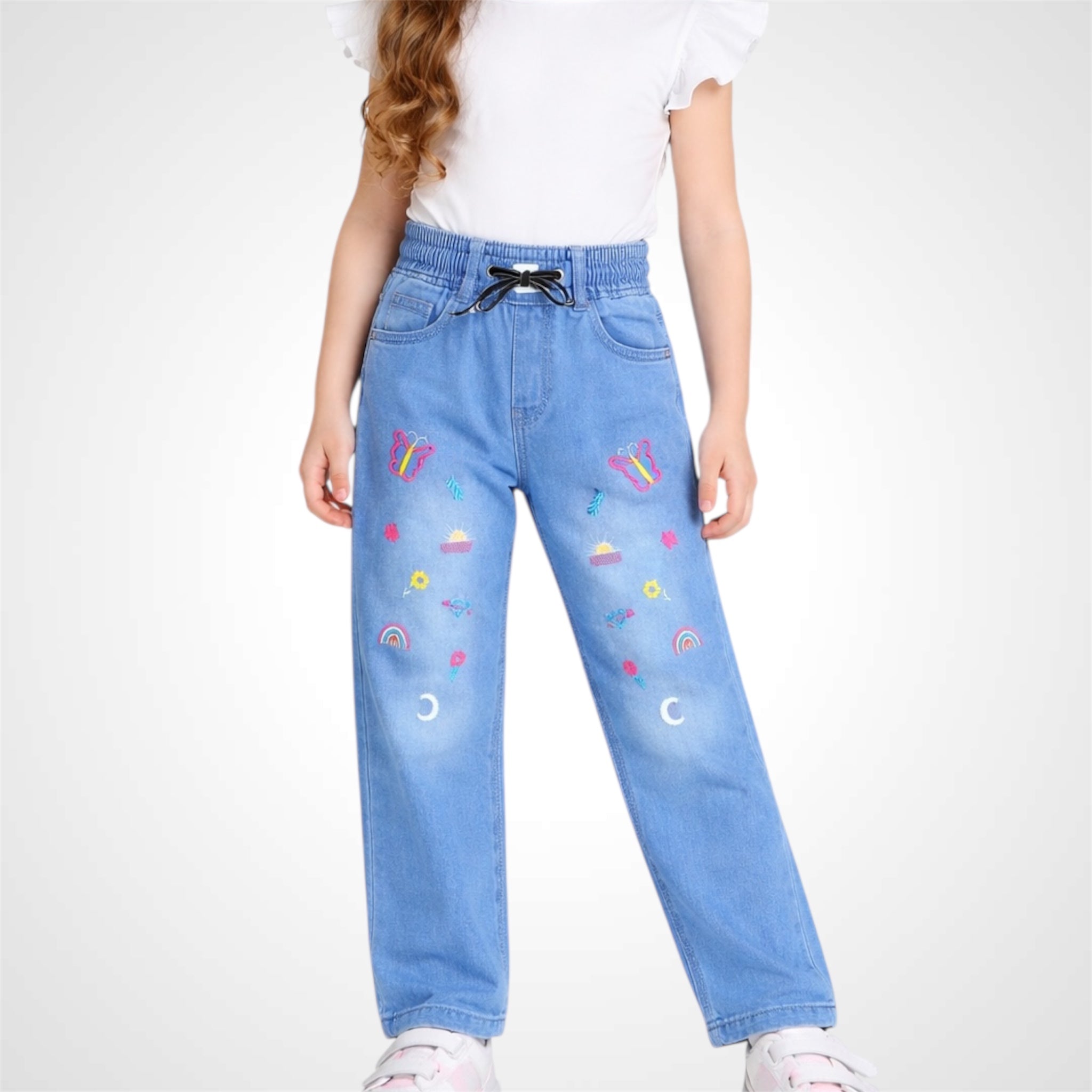 Girls' Embroidered Jeans Pants with Elastic Waistband