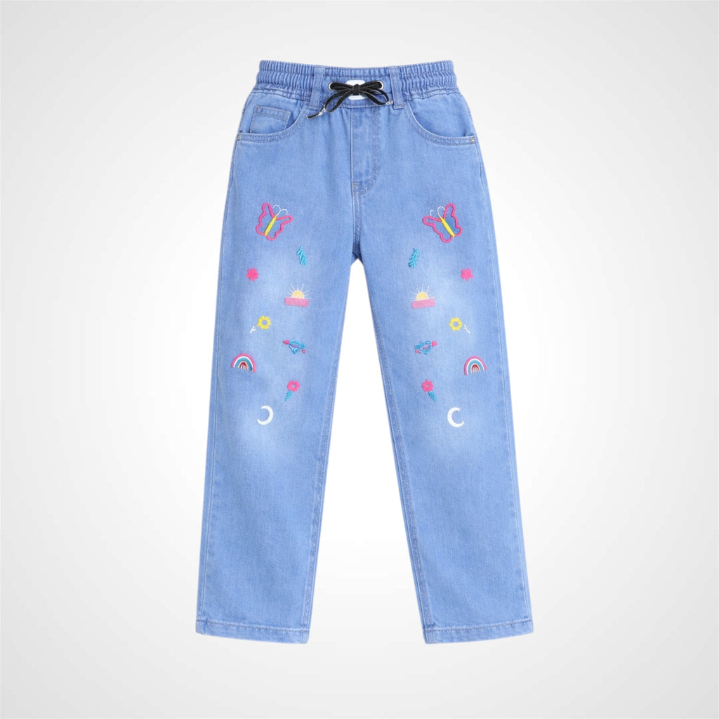 Girls' Embroidered Jeans Pants with Elastic Waistband
