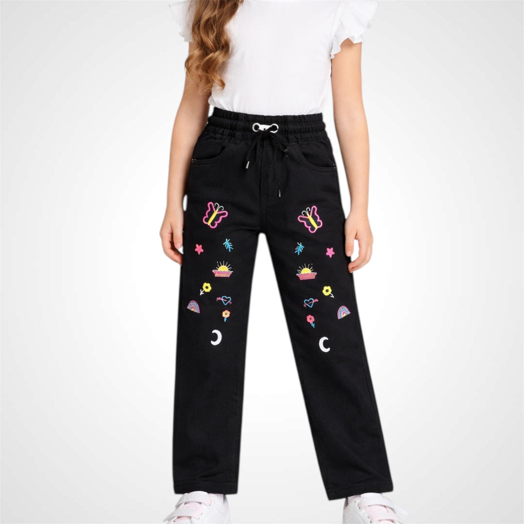 Girls' Embroidered Jeans Pants with Elastic Waistband
