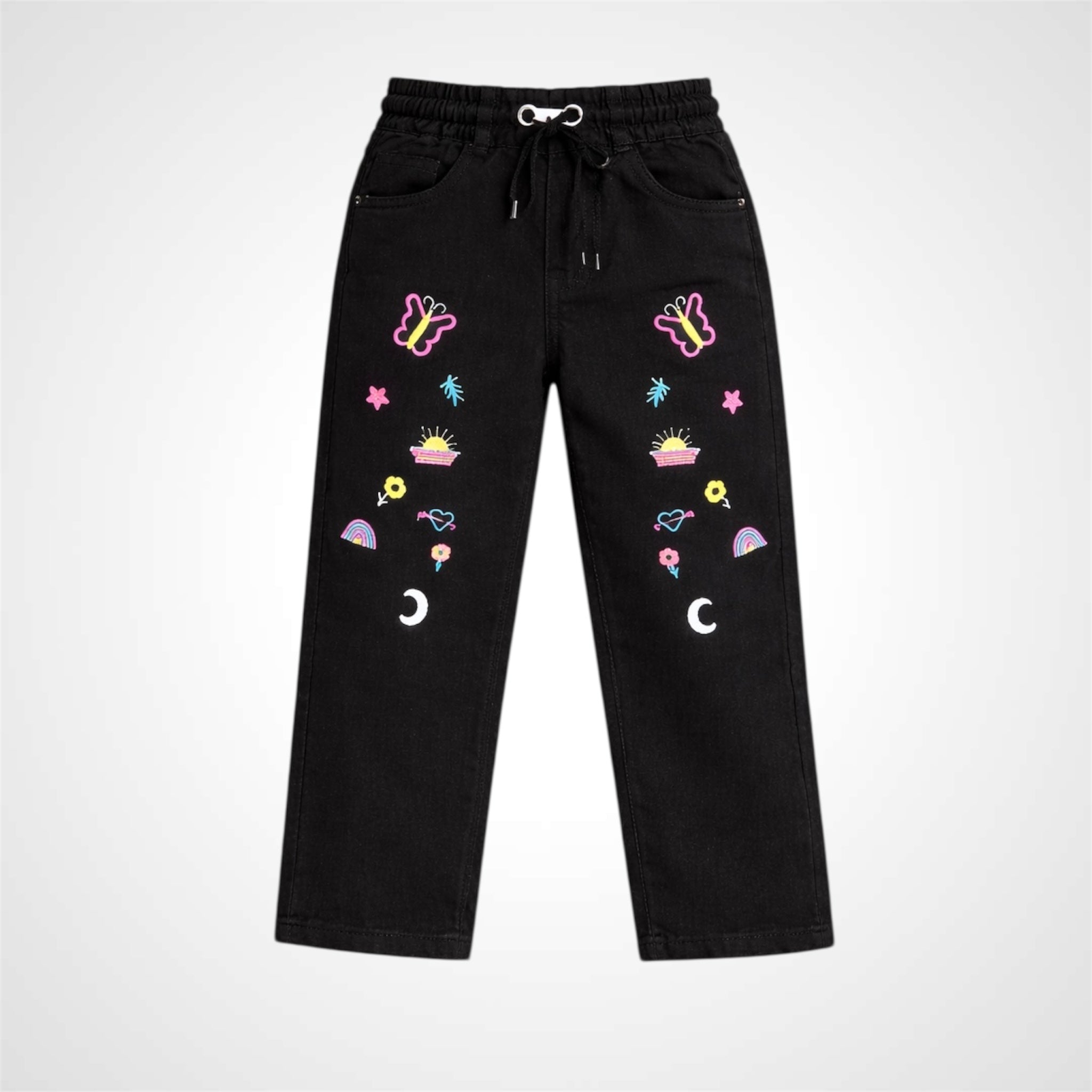 Girls' Embroidered Jeans Pants with Elastic Waistband