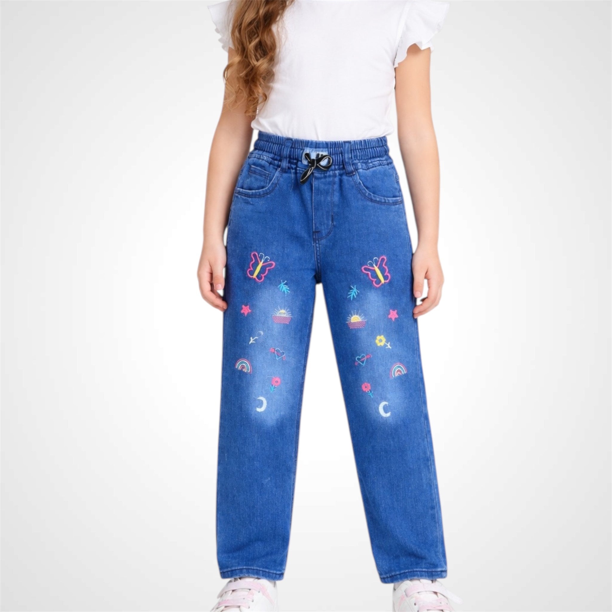 Girls' Embroidered Jeans Pants with Elastic Waistband