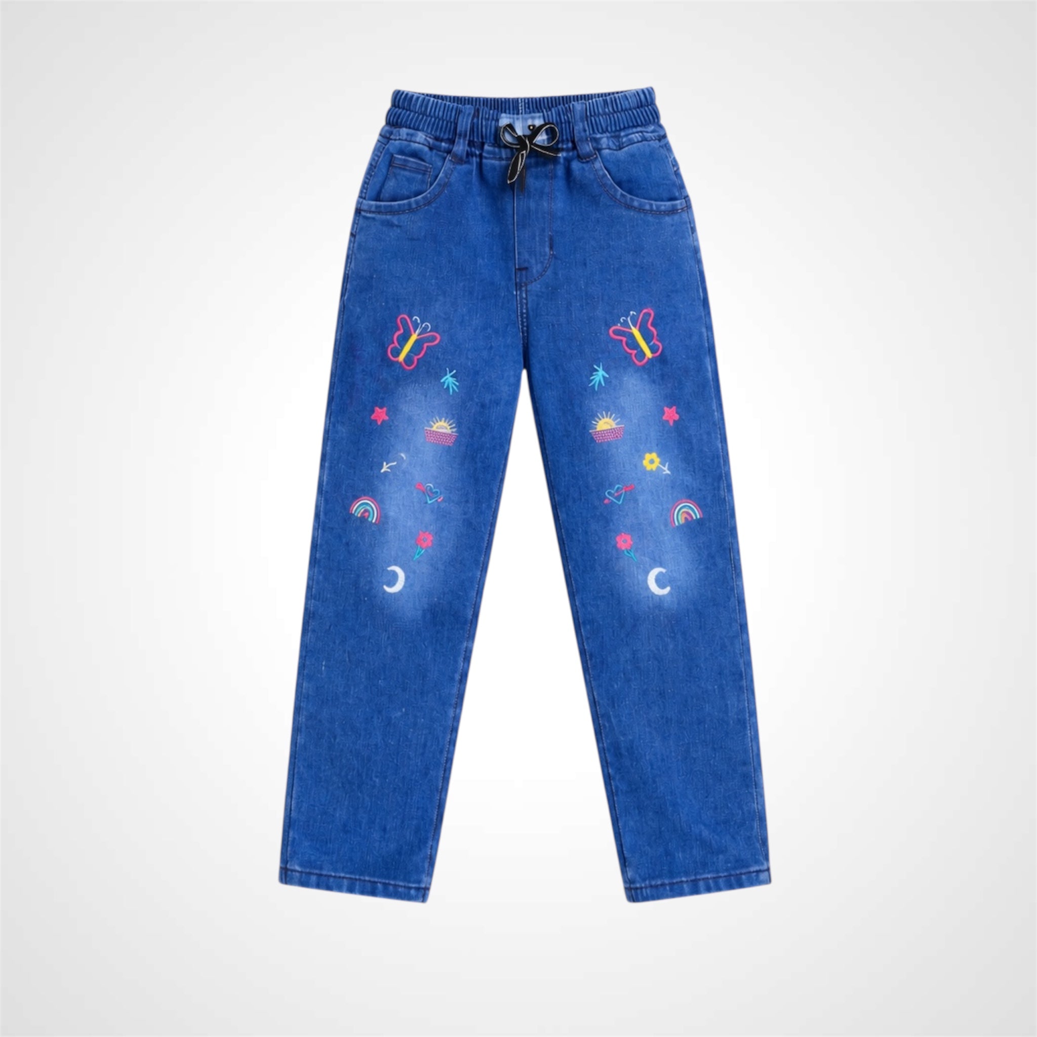 Girls' Embroidered Jeans Pants with Elastic Waistband