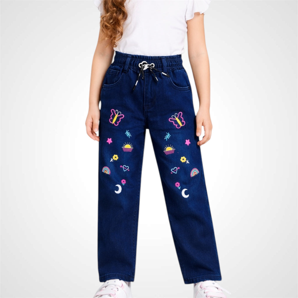 Girls' Embroidered Jeans Pants with Elastic Waistband