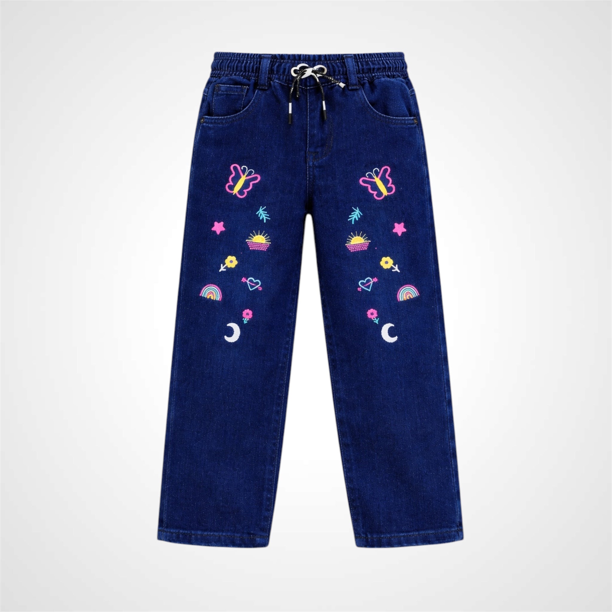 Girls' Embroidered Jeans Pants with Elastic Waistband