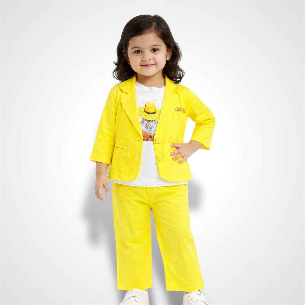 Girls' Stylish 3-Piece China Lycra Blazer Set | Comfortable Stretch Fit