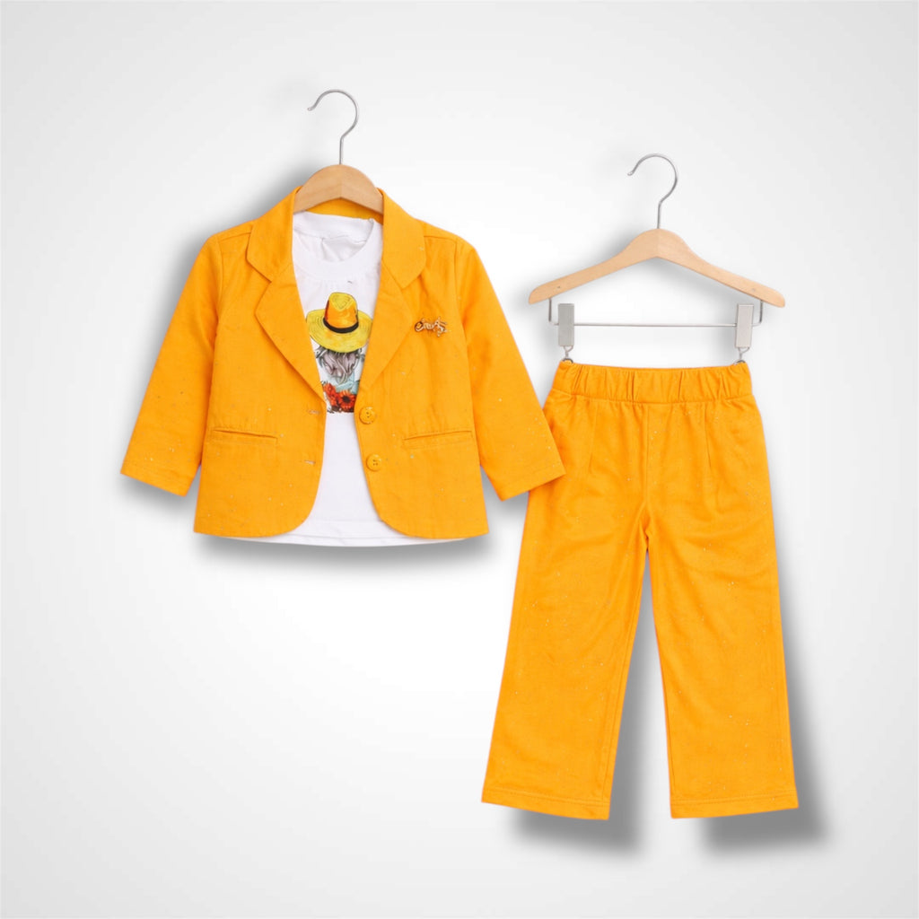 Girls' Stylish 3-Piece China Lycra Blazer Set | Comfortable Stretch Fit