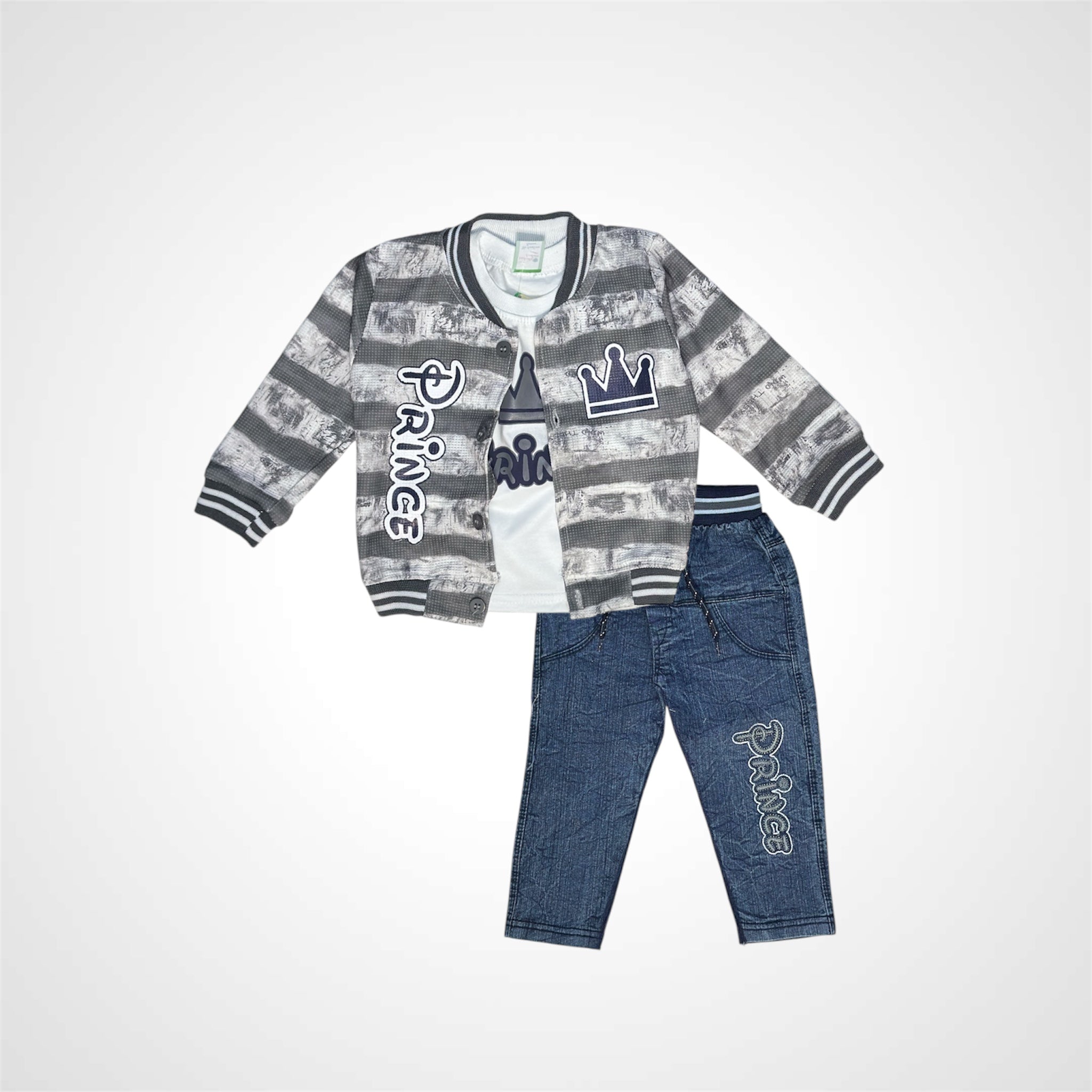 Boys' "Prince" 3-Piece Outfit | Varsity Jacket, T-shirt & Jeans Set