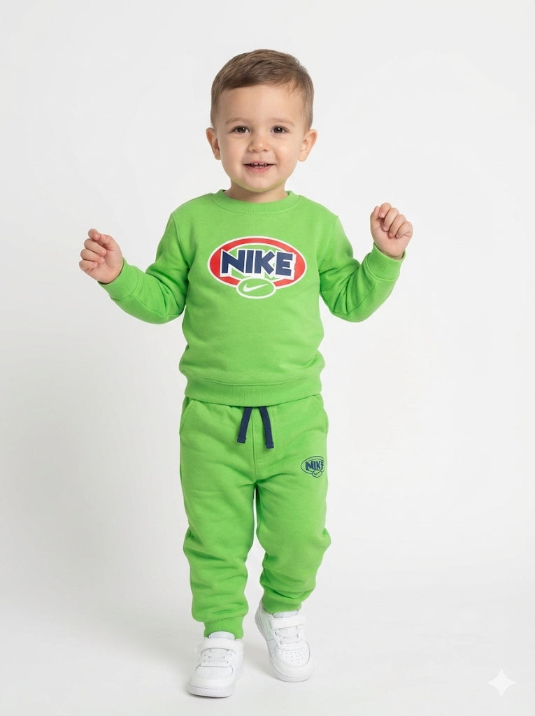 Nike Kids Lime Green Fleece Tracksuit – Retro Logo Crewneck Sweatshirt & Joggers Set