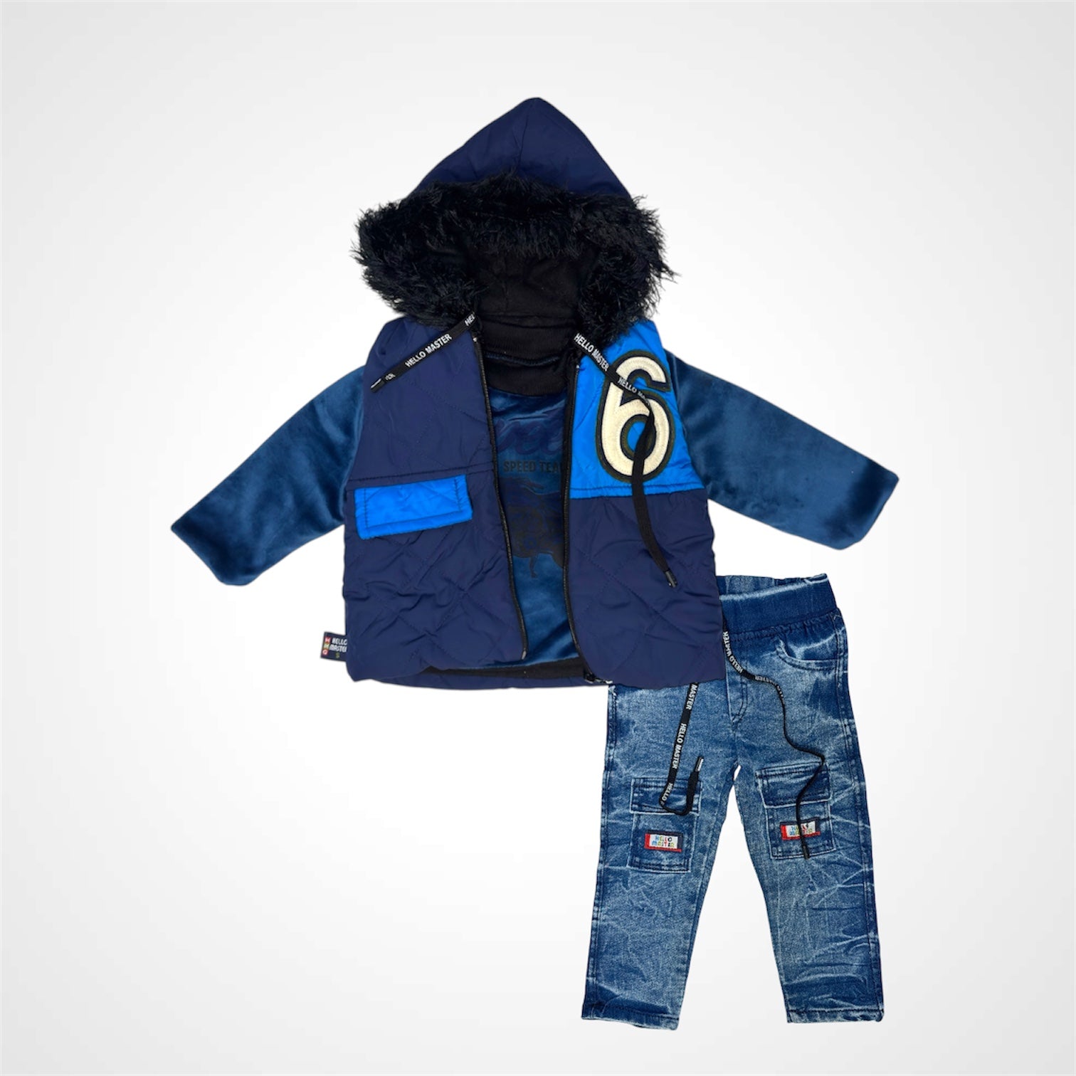 Fur-Hooded Jacket & Denim Set for Boys