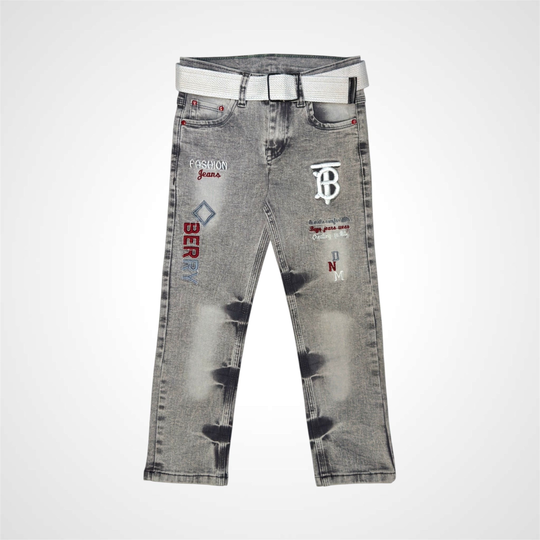 Trendy Distressed Denim Jeans with Washed Look and Belt