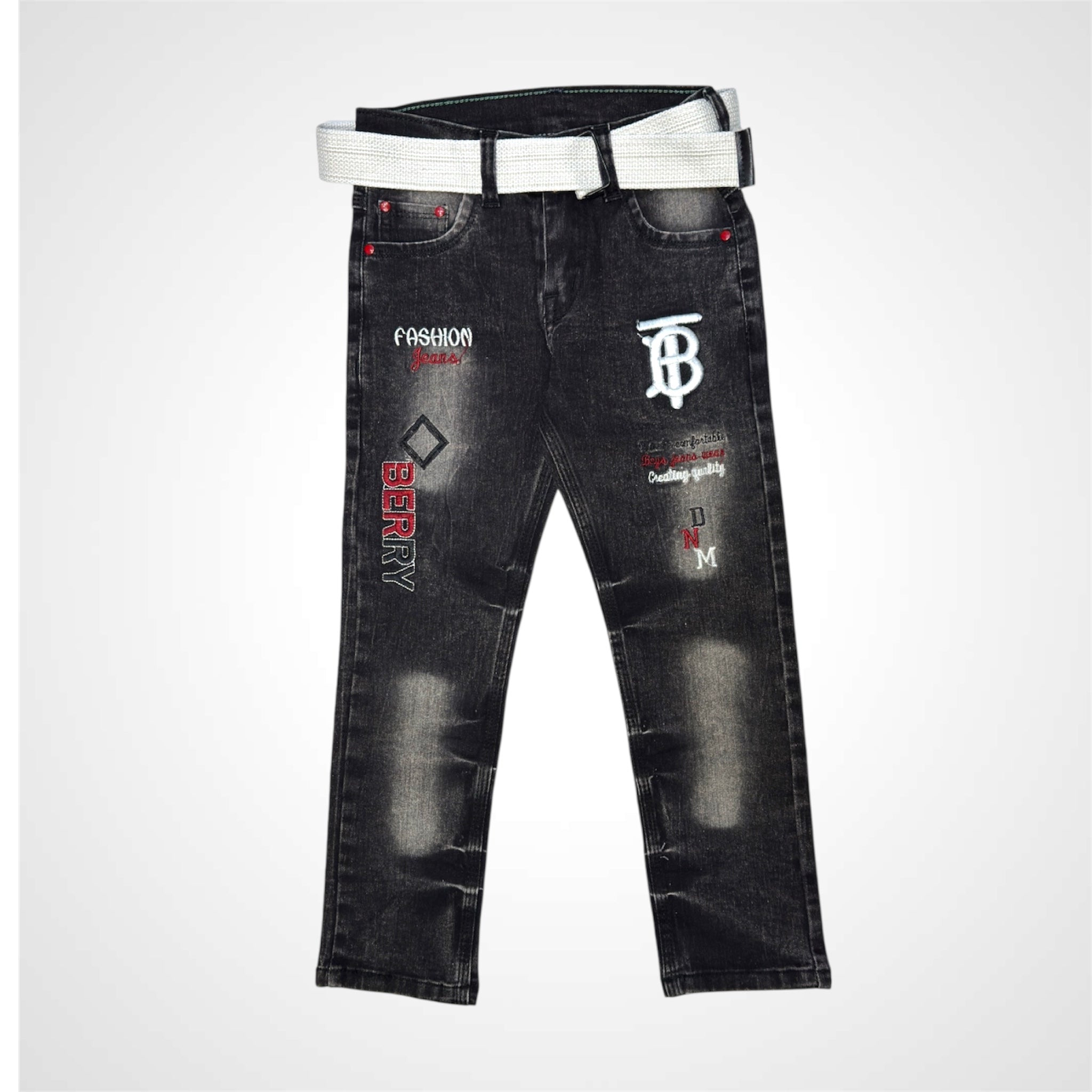 Trendy Distressed Denim Jeans with Washed Look and Belt