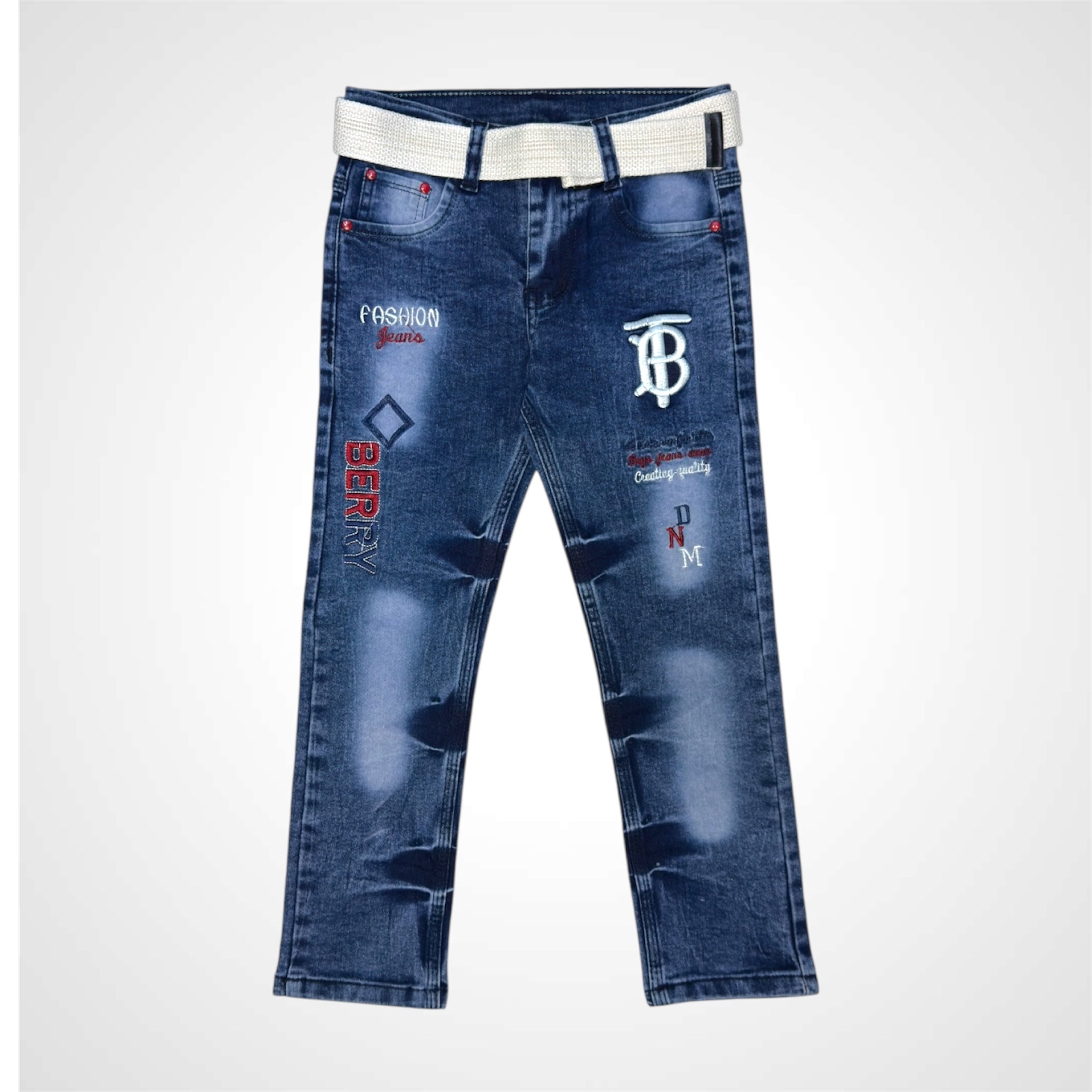 Trendy Distressed Denim Jeans with Washed Look and Belt