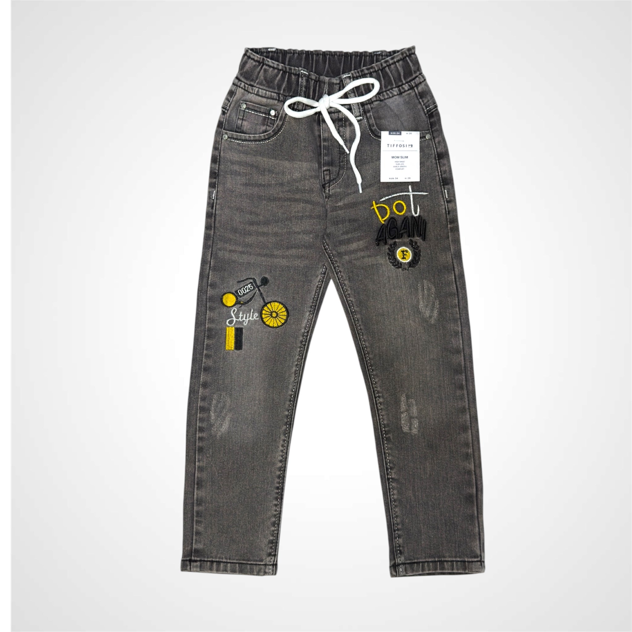 Kids' Playful Denim Trousers with Cartoon Embroidery and Elastic Waistband