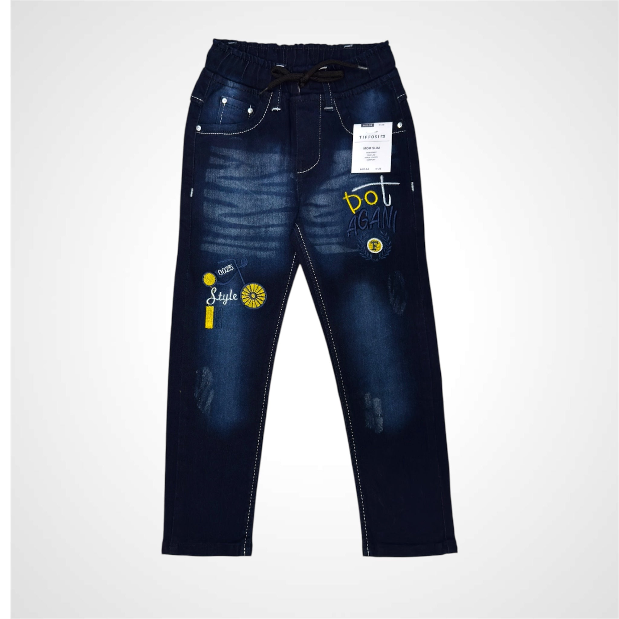 Kids' Playful Denim Trousers with Cartoon Embroidery and Elastic Waistband