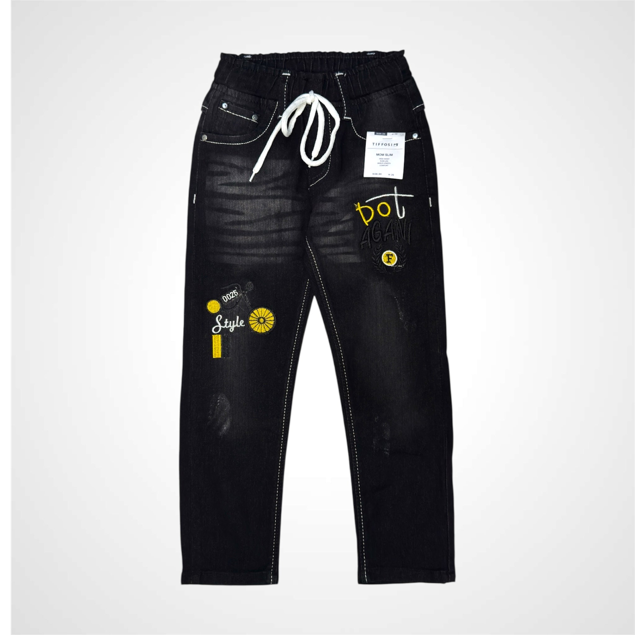 Kids' Playful Denim Trousers with Cartoon Embroidery and Elastic Waistband
