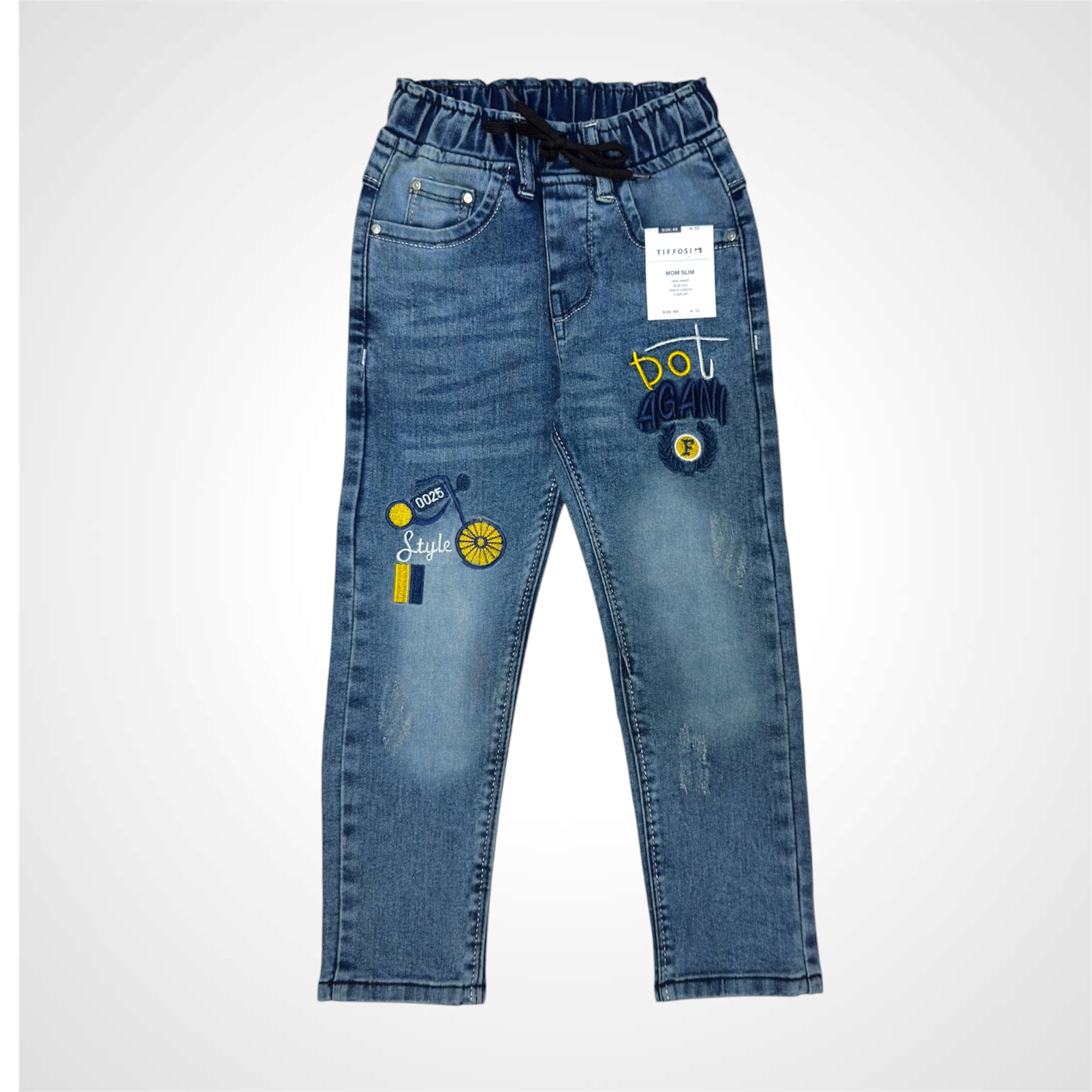 Kids' Playful Denim Trousers with Cartoon Embroidery and Elastic Waistband
