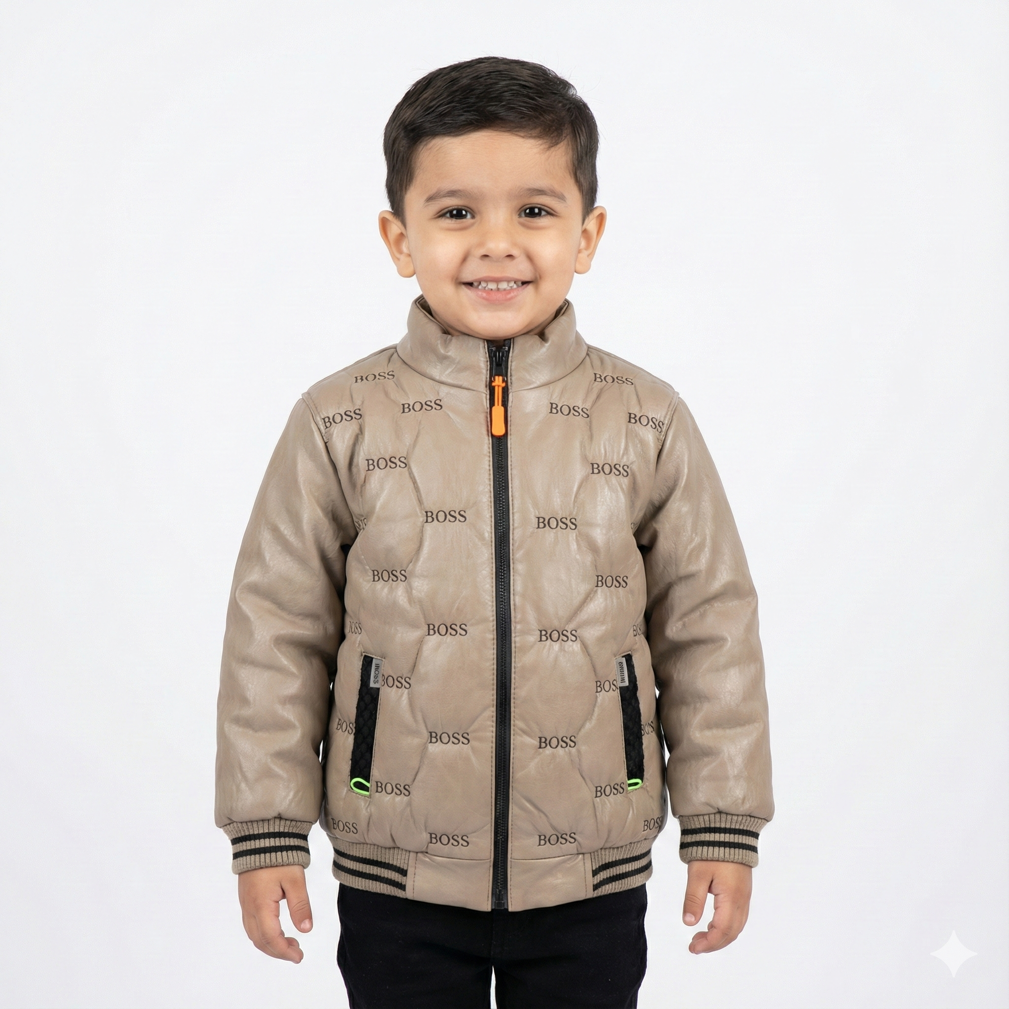 oung boy wearing a padded jacket with a stand collar, black zipper, and an all-over repeating BOSS logo print.