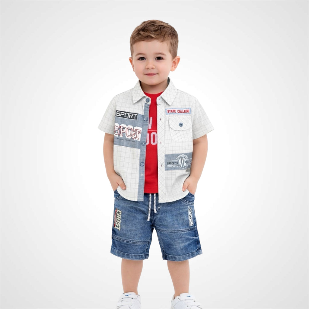 Kids 3-Piece Summer Casual Outfit | Shirt,Tee & Denim Shorts Set