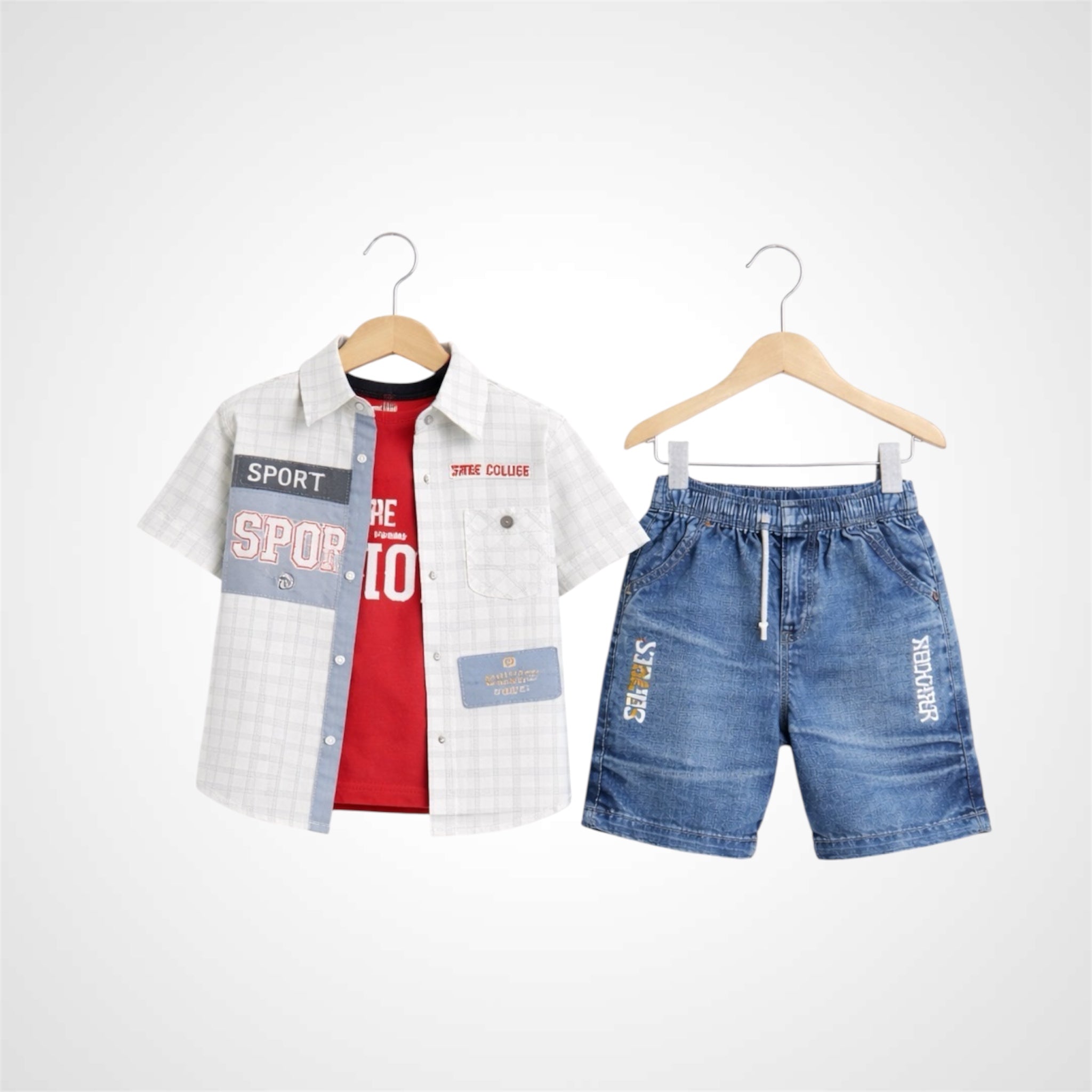 Kids 3-Piece Summer Casual Outfit | Shirt,Tee & Denim Shorts Set