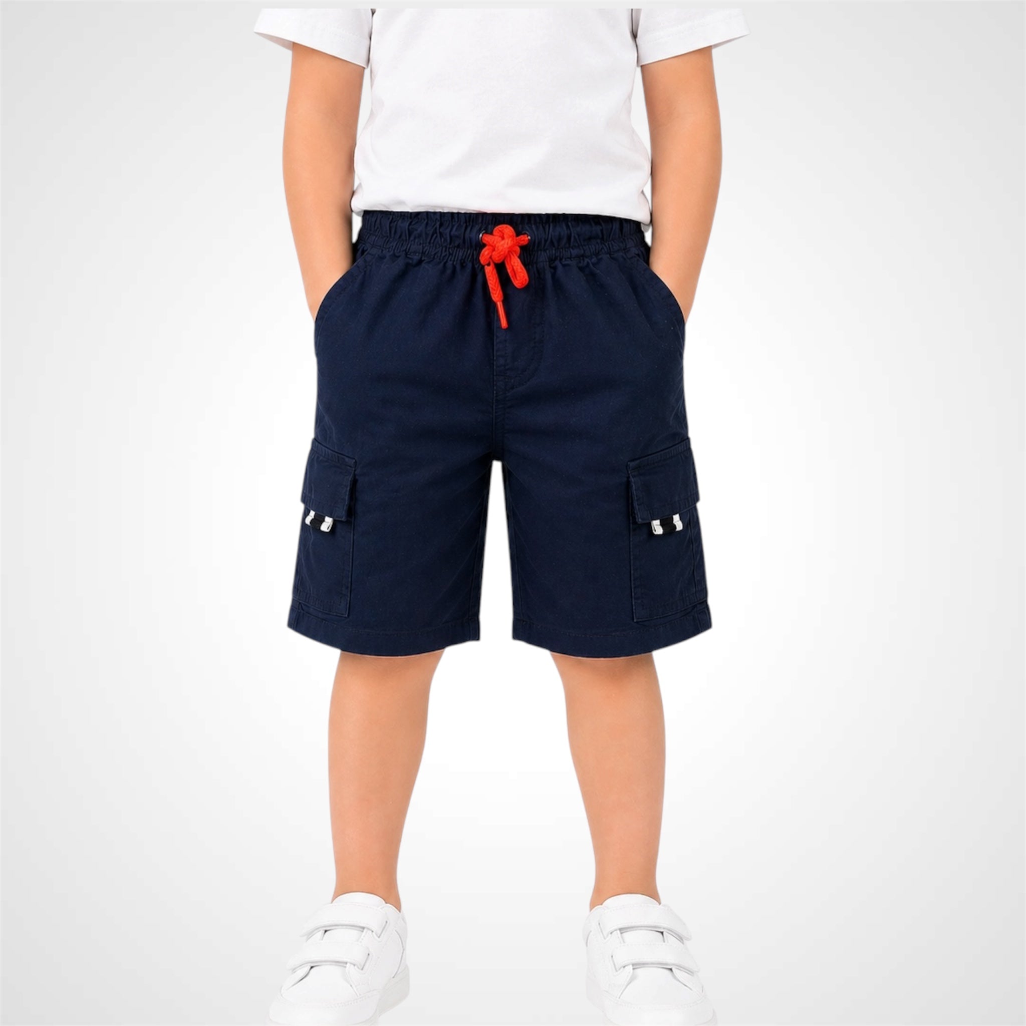 Navy cargo shorts with a red drawstring on a white background