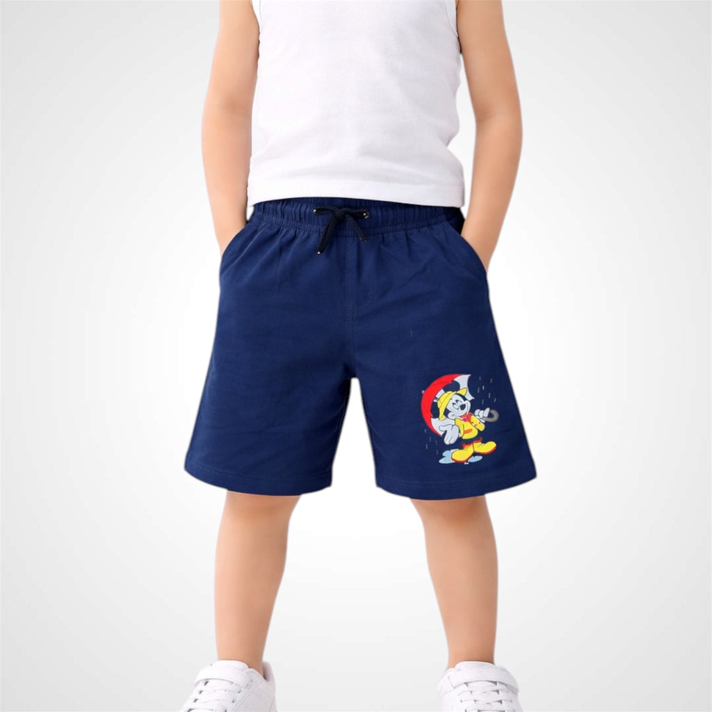 Person wearing navy shorts with a cartoon character on a white background