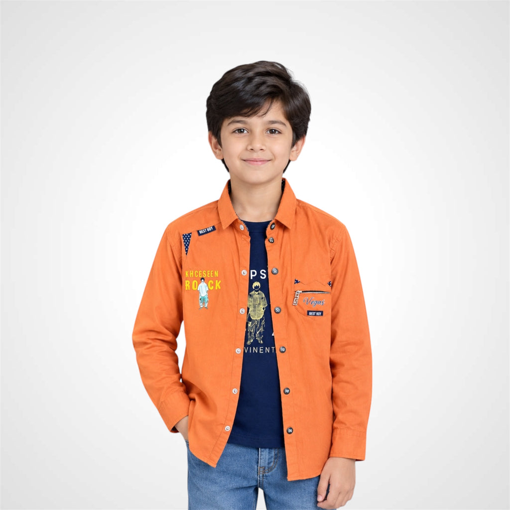 Kids double-look graphic casual shirt with inner T-shirt effect and full sleeves