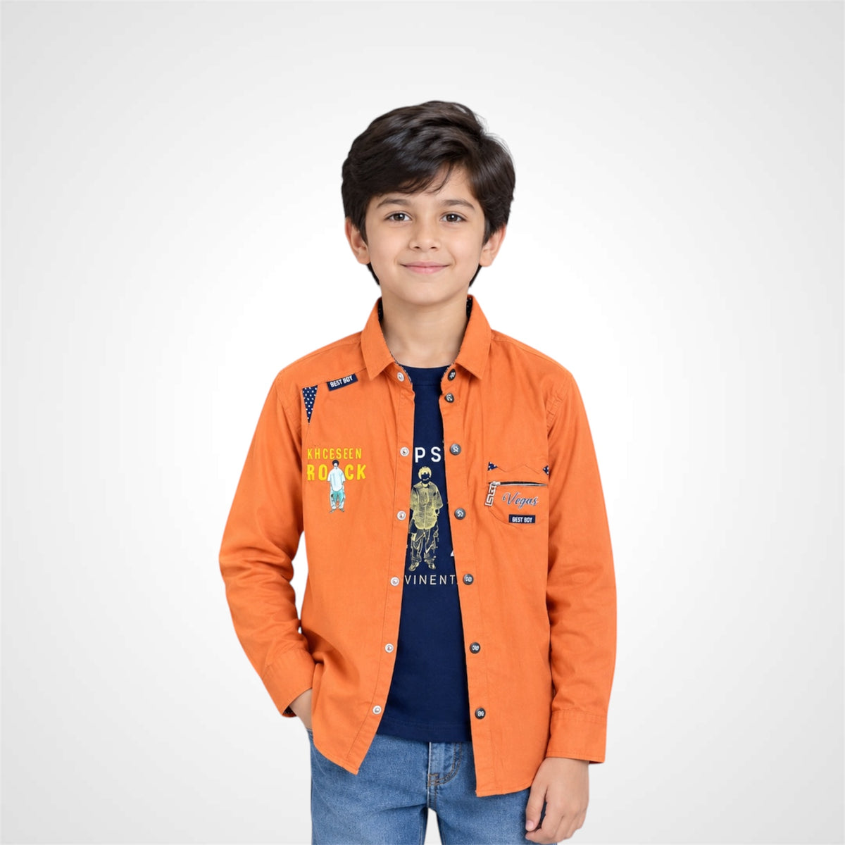 Kids double-look graphic casual shirt with inner T-shirt effect and full sleeves