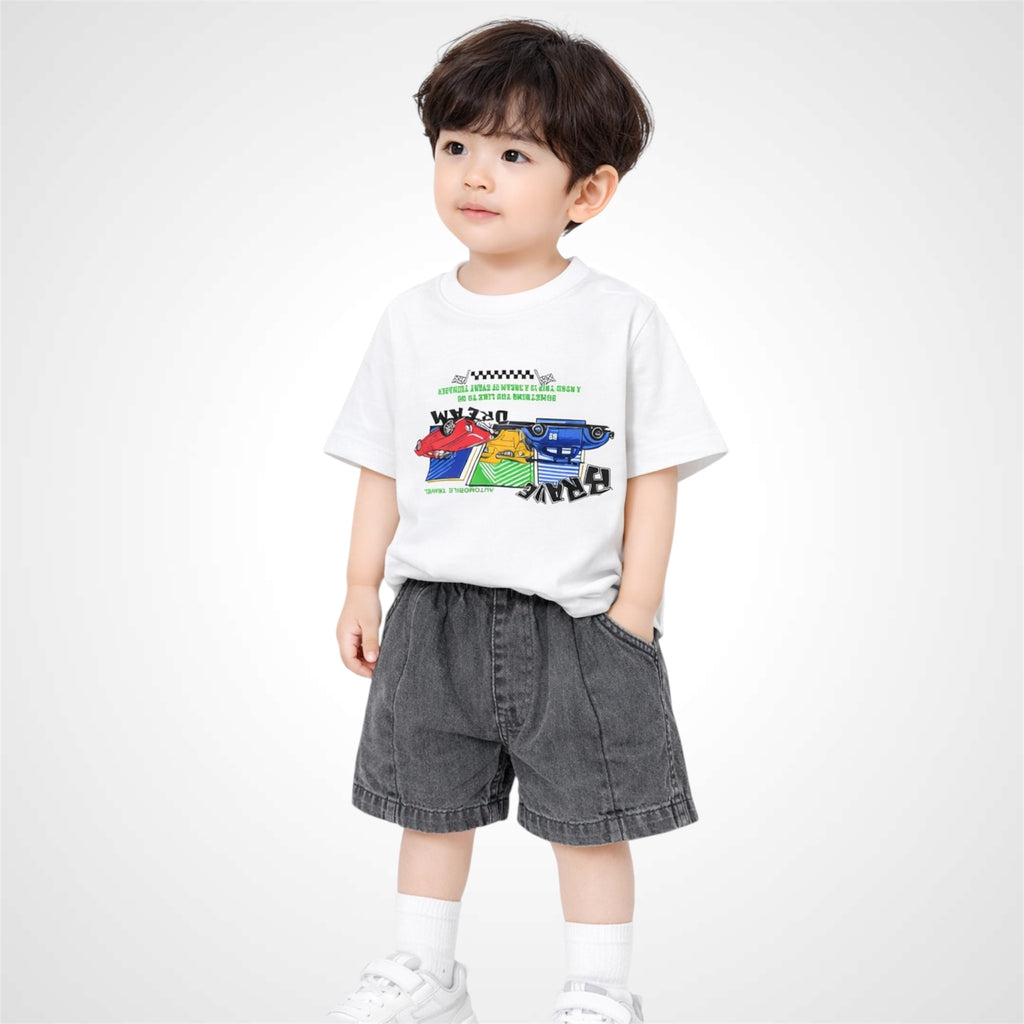 Kids Premium Casual Racing Graphic T-Shirt and Denim Shorts Set