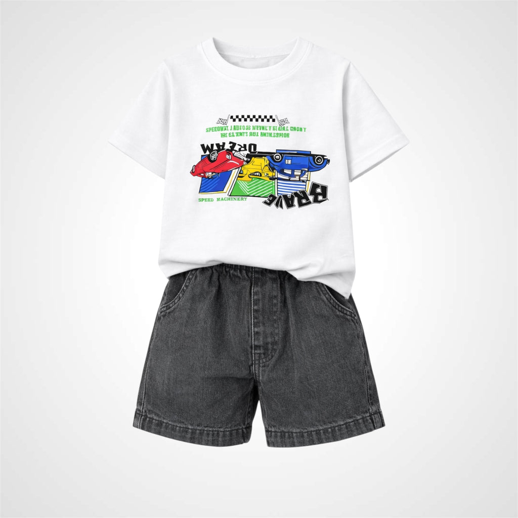 Kids Premium Casual Racing Graphic T-Shirt and Denim Shorts Set