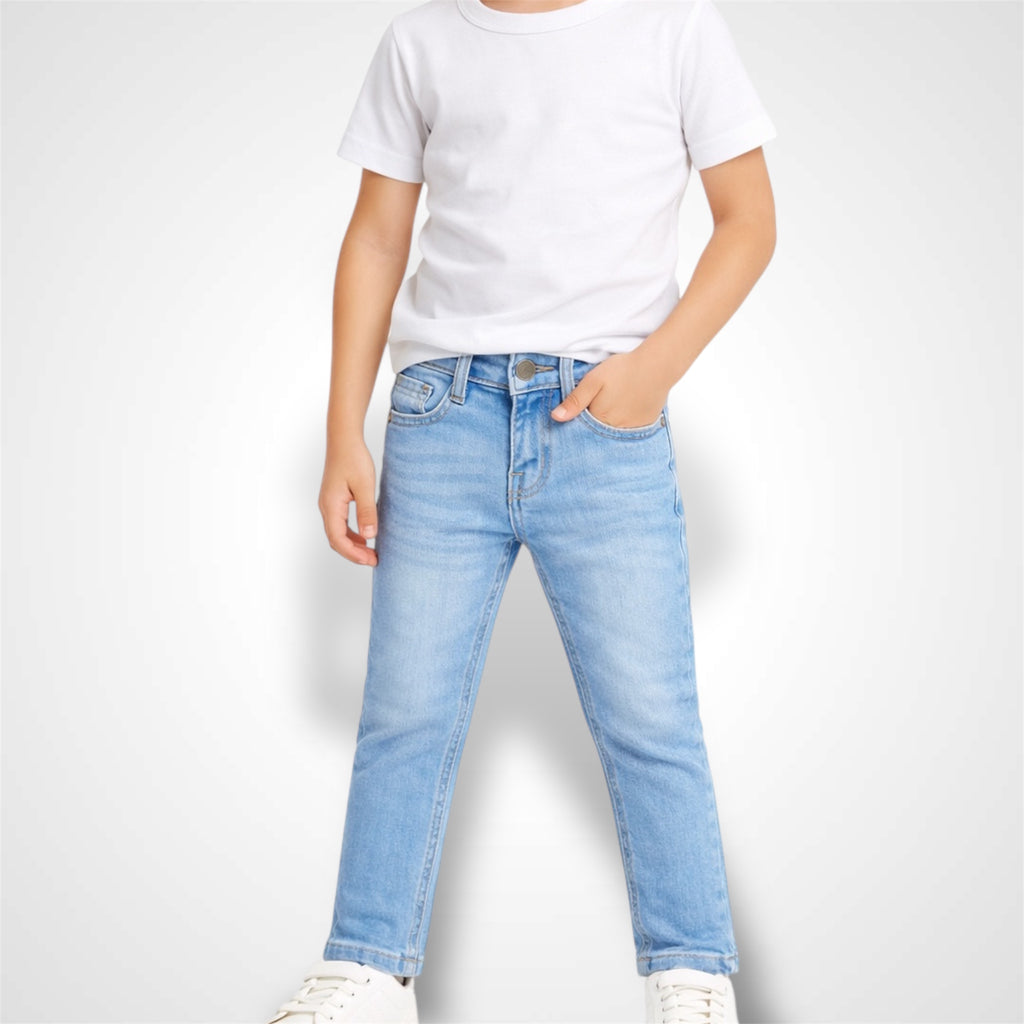 Kids premium classic denim jeans with stretchable fabric and rolled-up cuffs for everyday wear 1