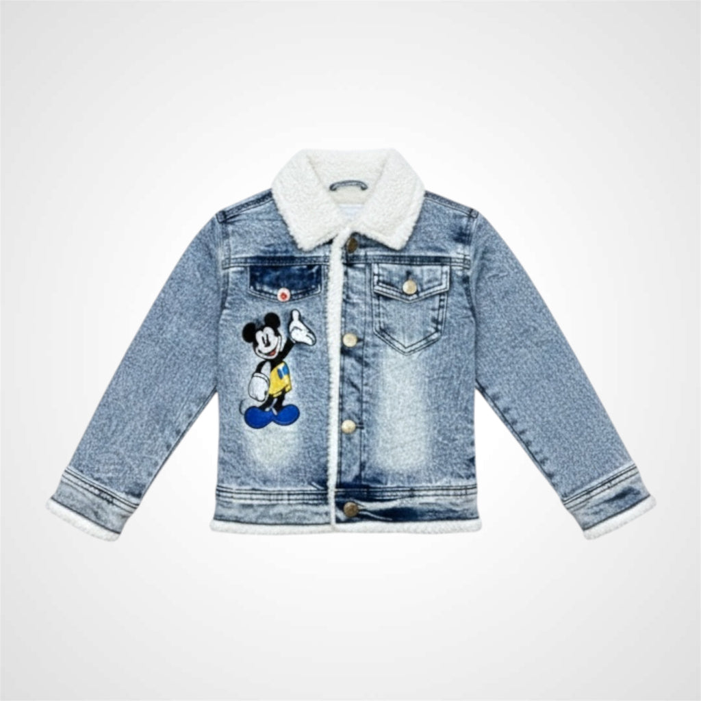 Kids premium warm denim jacket winter edition with Mickey Mouse embroidered patch 2