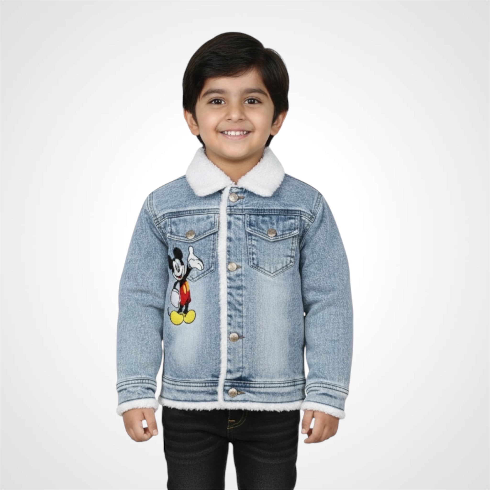 Kids premium warm denim jacket winter edition with Mickey Mouse embroidered patch 1