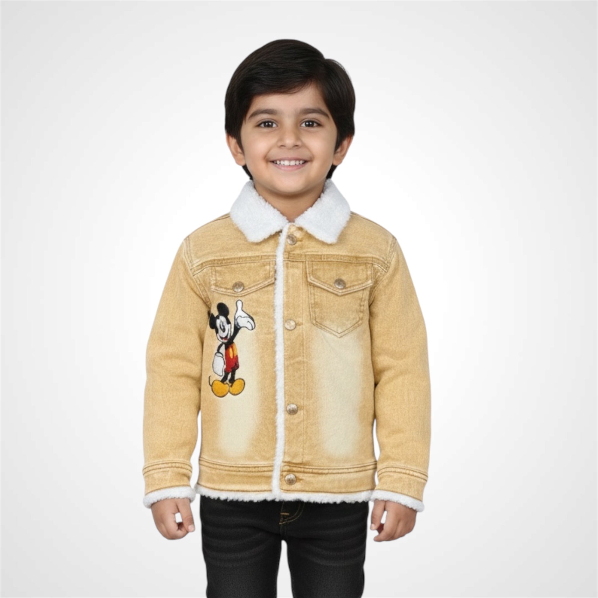 Kids premium warm denim jacket winter edition with Mickey Mouse embroidered patch 4