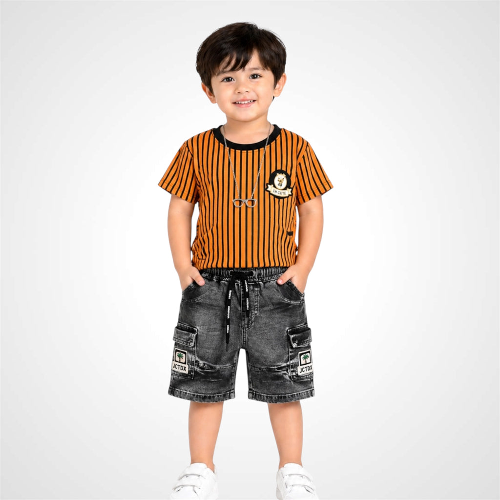 Kids Trendy Vertical Striped T-Shirt and Denim Cargo Shorts Set - 2 Piece Summer Outfit
