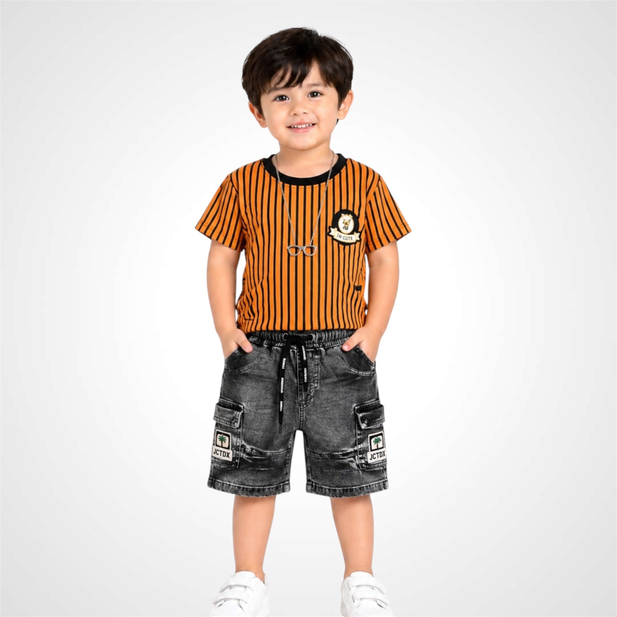 Kids Trendy Vertical Striped T-Shirt and Denim Cargo Shorts Set - 2 Piece Summer Outfit