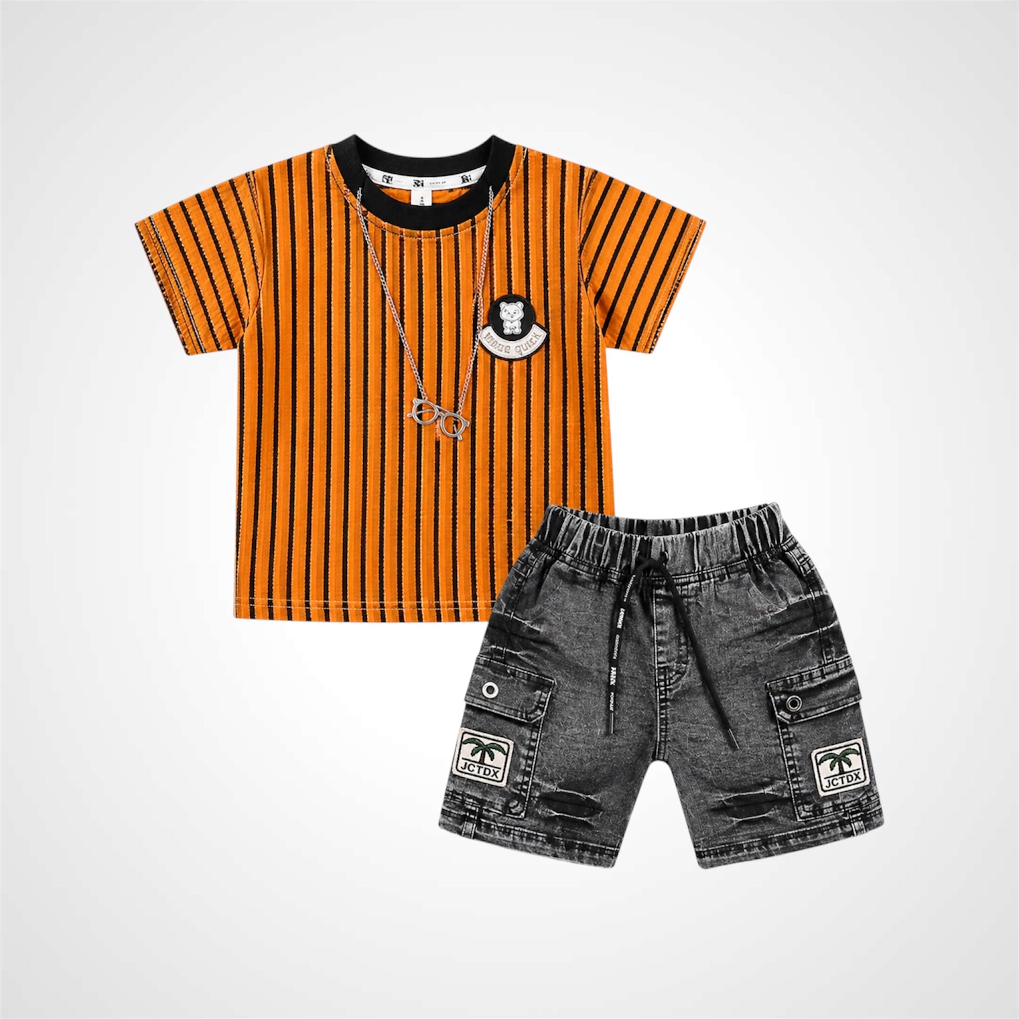 Kids Trendy Vertical Striped T-Shirt and Denim Cargo Shorts Set - 2 Piece Summer Outfit
