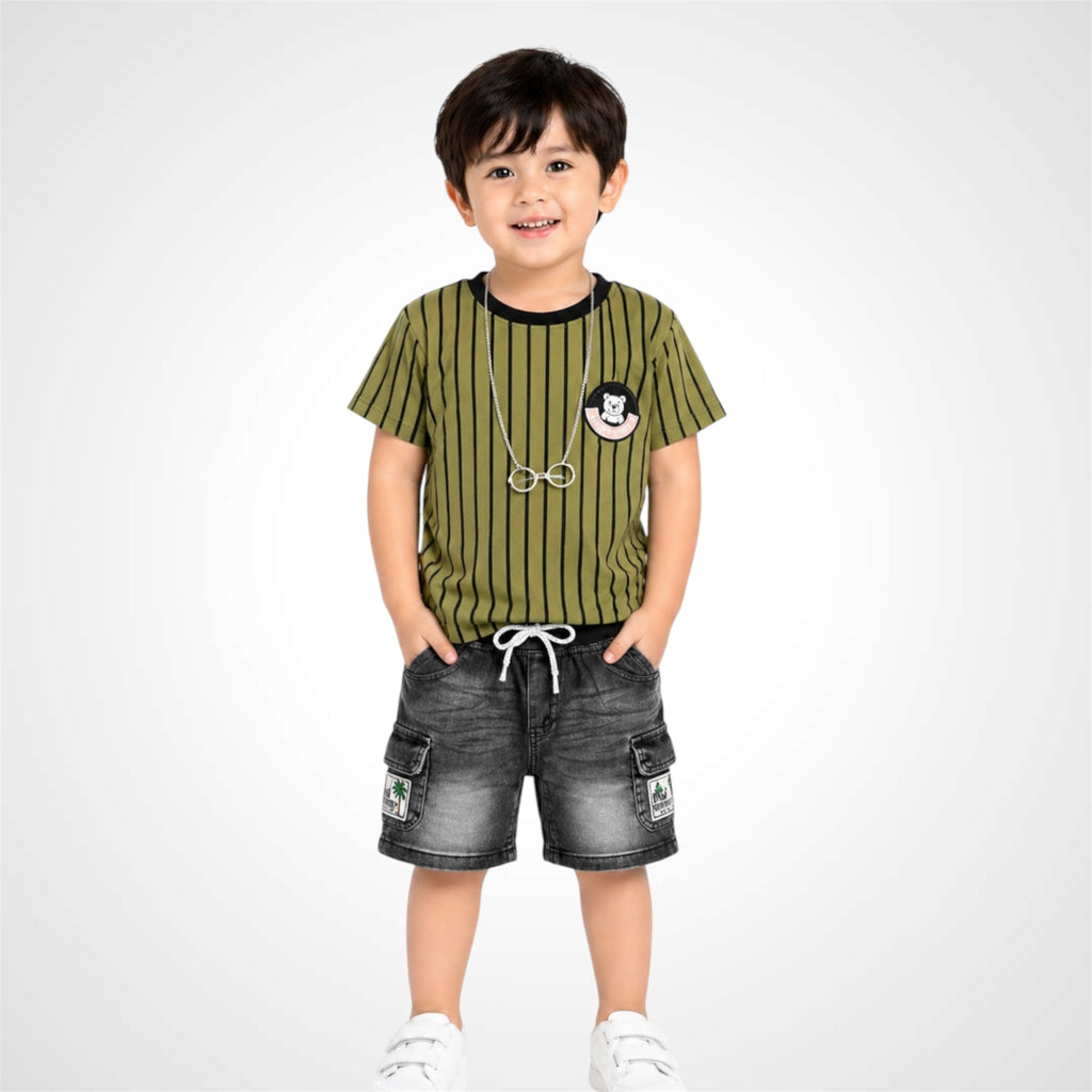 Kids Trendy Vertical Striped T-Shirt and Denim Cargo Short - 2 Piece Summer Outfit